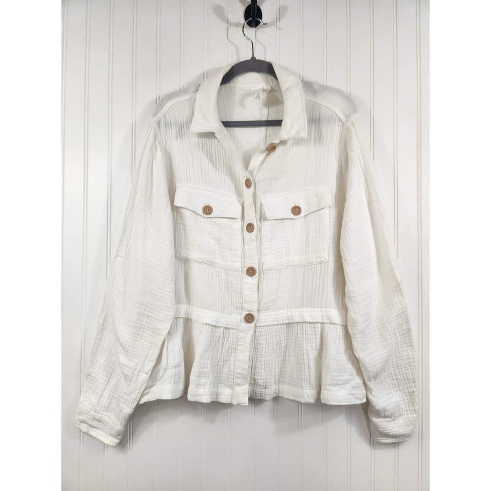 Ady P White Double Gauze Cotton Peplum Button Down Shirt‎ Jacket XL Sheer